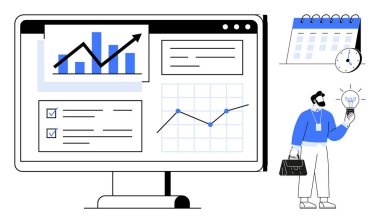 Grafikler, çizelgeler ve kontrol listelerini gösteren büyük monitör. Arka planda ampul, takvim ve saat tutan iş adamı. Veri analizi, iş planlaması, verimlilik, takım çalışması için ideal