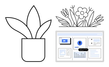 Analitik gösterge paneli, grafikler, video, mesaj uyarısı ile modern arayüz. Saksı bitkisi ve çiçek çizimi. Analiz, üretkenlik, yaratıcılık, organizasyon doğa dengesi için idealdir.
