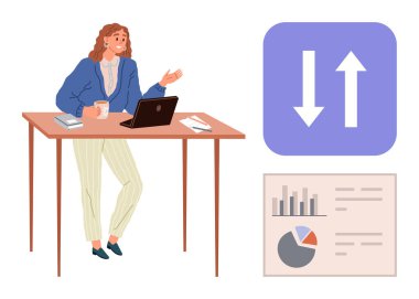 Profesyonel bir kadın bilgisayar, grafik ve sunum elemanlarıyla veri kavrayışlarını tartışıyor. İş planlaması, analitik, takım çalışması, iletişim, finans, teknoloji sade daire