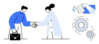 İki kişi el sıkışıyor, biri evrak çantası tutuyor, bir dişli mekanizması ve bir belge dosyalama elemanının yanında. Takım çalışması, iş birliği, ortaklık, verimlilik, organizasyon için ideal