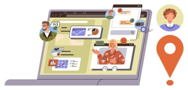 Bilgisayarda görüntülü konuşmalar, sohbet pencereleri, veri analizleri ve avatarlar var. Uzaktan çalışma, iletişim, takım çalışması, online toplantılar, teknoloji dijital ağ bağlantıları için idealdir. Basit.