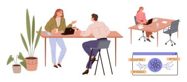 Laptoplarla, yakındaki saksı bitkileriyle, odaklanmış ayrı bir çalışanla ve bilimsel diyagramla bir masada işbirliği yapan iki meslektaşım. Takım çalışması, iş, öğrenme, üretkenlik ve yenilik için ideal