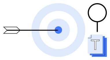 Mavi hedefi delip geçen ok, odak ve doğruluğu vurguluyor. Birikmiş belgeler ve büyüteç araştırma, analiz ve organizasyonu sembolize ediyor. Hedefler, strateji ve pazarlama için ideal