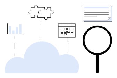 Bulut çizelge, bulmaca parçaları, takvim, dosyalar ve büyüteçle bağlantı kurar, veri depolama, işbirliği, zamanlama analizi ve organizasyonu sembolize eder. Teknoloji işi için ideal.