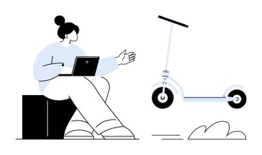 Dizüstü bilgisayarı olan, scooter 'a bakan bir kadın. Kentsel hareketlilik, eko-ulaşım, dijital teknoloji, çevrimiçi işbirliği, modern yaşam tarzı, yenilik ve bağlantı için ideal. Basit.