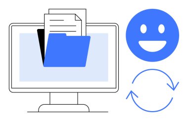 Bilgisayar ekranında dosyaları olan dizin, okların senkronizasyonu ve memnuniyeti ileten duygu. Bulut depolama, veri paylaşımı, dosya yönetimi, takım çalışması, üretkenlik, dijital organizasyon için ideal