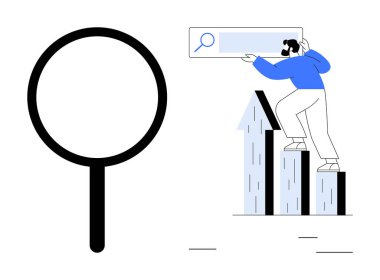 Bir arama çubuğu tutan bireysel grafik parmaklıklarının yanında büyüteç. Araştırma, gelişme, gelişme, keşif, analitik, problem çözme ve geliştirme için ideal. Basit düz metafor