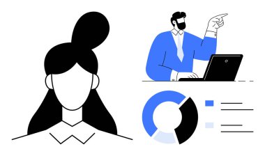 Kadın silueti, dizüstü bilgisayarda, pasta grafiğinde ve veri hatlarında sunum yapan erkek. İş, takım çalışması, analiz, iletişim, kurumsal strateji üretkenliği için idealdir. Basit düz metafor.