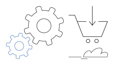 İşlem otomasyonunu sembolize eden iki vites ve e-ticareti temsil eden indirme oku olan alışveriş arabası. Ticaret, teknoloji, yazılım, yenilik, verimlilik, ticaret, dijital için ideal