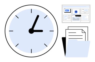 Siyah elli saat, ıvır zıvırlı dijital gösterge paneli ve içinde belgeler olan klasör. Zaman yönetimi, verimlilik, organizasyon, planlama, iş akışı verimliliği için ideal. Basit düz