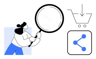 Kadın büyüteç, alışveriş arabası ve paylaşım ikonu inceliyor. Arama, analiz, e-ticaret, araştırma, sosyal medya, pazarlama ve basit bir iniş sayfası için ideal