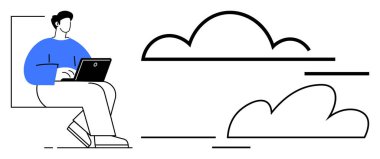 Dizüstü bilgisayarı olan ve ana hatları çizilmiş bulutları olan bir adam uzaktan çalışma, yaratıcılık ya da bulut hesaplama yapıyor. Evden çalışma, teknoloji, minimalizm, internet, ağ eğitimi yeniliği için idealdir. Temiz