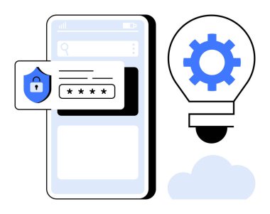 Şifre giriş kalkanıyla akıllı telefon arayüzü, ampulün içindeki teçhizat ve bulut aksanı. Çevrimiçi güvenlik, yenilik, teknoloji, bulut hesaplama, ilerleme, uygulama geliştirme için ideal basit düz