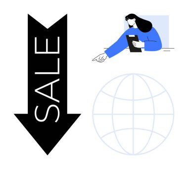 Elinde tablet tutan bir kadın, küresel bir küreye doğru el kol hareketi yapıyor. Büyük bir satış oku ile. Pazarlama, e-ticaret, ekonomi, ticaret, indirimler, küreselleşme, basit iniş sayfası için ideal