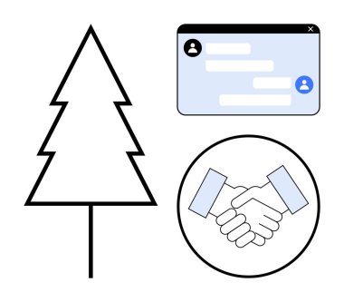 Ağaç çizgisi, dairesel çerçevede tokalaşma, profil simgeleriyle mesajlaşma penceresi takım çalışması, iletişim, çevrimiçi ağ, çevre, ortaklık, iş büyümesi, basit iniş sayfası için idealdir