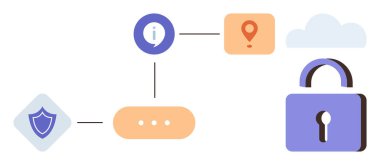 Kalkan simgesi, bilgi işareti, konum simgesi, bulut ve asma kilit, veri korumasını sembolize ediyor, çevrimiçi güvenlik, bulut erişimi. Siber güvenlik ve veri şifreleme erişimi denetimi için ideal
