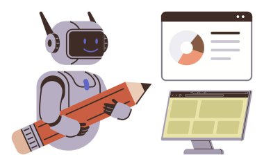 Analitik ekran ve masaüstü arayüzü yakınında yaratıcılığı sembolize eden bir robot. Yapay zeka, yaratıcılık, teknoloji, yenilik, otomasyon, veri analizi, web tasarımı için idealdir. Basit düz metafor