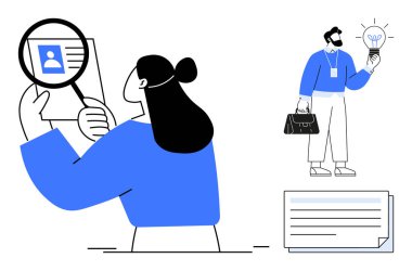 Adayları inceleyen kadın büyüteçle devam ediyor, elinde ampul tutan adam. İşe alım süreci, fikir üretimi, İK, kariyer planlaması, iş stratejisi, yenilikçi takım çalışması için ideal. Basit düz