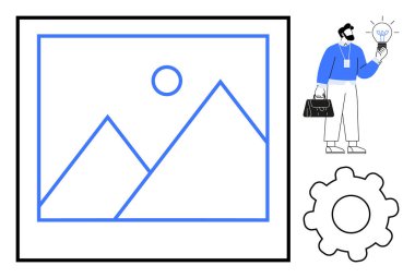 Elinde ampul tutan bir iş adamı, çerçevelenmiş soyut bir manzara ve çarkın yanında duruyor. Fikirler, yenilikler, problem çözme, yaratıcılık, süreç, mesleki büyüme için idealdir. Basit düz