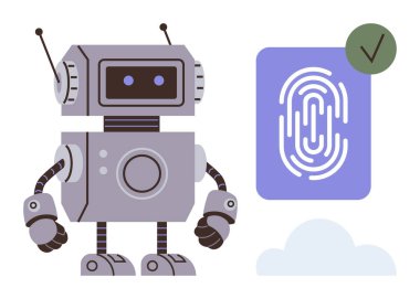 Robot, bulutun yanında doğrulama işareti olan bir parmak izi grafiğini analiz ediyor. Güvenlik, teknoloji, yapay zeka, kimlik doğrulama, biyometrik, robot bilimi, yenilik, basit düz metafor