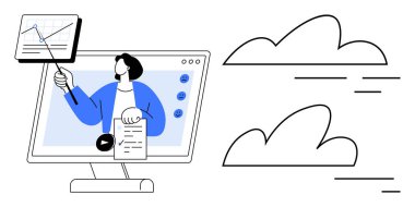 Bilgi sunan ve bilgisayar ekranında arkaplanda yüzen bulutlar olan bir belge tutan kişi. E-öğrenim, webinarlar, uzak çalışma, dijital pazarlama, veri analizi, takım çalışması için ideal