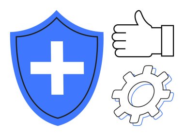 Korunmak için haçlı mavi kalkan, süreç geliştirmek için dişli, onay için baş parmak. Güvenlik, sağlık, geliştirme, takım çalışması, verimlilik, güvenilirlik için ideal basit bir iniş sayfası