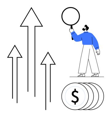 Yükselen okları, istiflenmiş paraların yanında büyüteçle inceleyen adam. Finans, ekonomi, başarı, büyüme, pazar eğilimleri, veri analizi, basit iniş sayfası için ideal