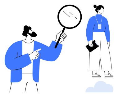 Büyüteçle inceleyen ve yakınlarda klasör tutan başka bir kişiyi işaret eden kişi. Takım çalışması, araştırma, gözlem, analiz, adam toplama ve değerlendirme için ideal