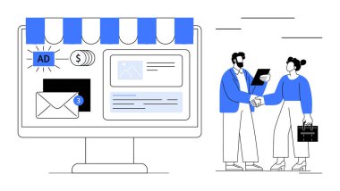 Çevrimiçi mağaza arayüzü, e-posta ve reklam bilgilerine sahip masaüstü. İki kişi el sıkışıyor. E-ticaret, takım çalışması, pazarlama, girişimcilik, çevrimiçi iş, iletişim için ideal