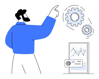 Akıllı telefon ekranının yanındaki mekanik viteslere bakan adam BTC veri ve grafiklerini gösteriyor. İş, teknoloji, finans, engelleme zinciri, yenilik, analiz ve kripto para birimi kavramları için ideal