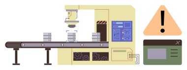 Fabrika makinesi, uyarı simgesi içeren ürünleri taşıma bandında birleştiriyor. Otomasyon, robot bilimi, imalat, sanayi, güvenlik, hata yönetimi için ideal, basit düz metafor