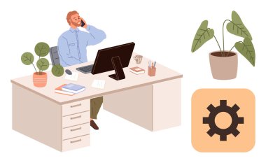 Profesyonel olarak masa başında oturmuş, telefonla, bilgisayarla, defterlerle, saksılarla, kahve fincanlarıyla. Üretkenlik, iş, iletişim, uzak çalışma teknolojisi organizasyonu için ideal basit düz metafor