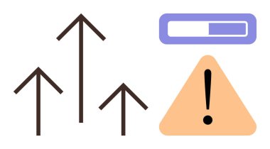 Büyümeyi simgeleyen yükselen oklar, dikkat gösteren turuncu ünlem üçgeni, çubuk doldurma işlemi. İlerleme, büyüme, uyarı, uyarı, kalkınma, üretkenlik süreci için ideal