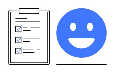 Görev tamamlama listesinin yanında memnuniyeti, verimliliği ve başarıyı sembolize eden mutlu bir yüz. Üretim, planlama, motivasyon, görev yönetimi, değerlendirme için ideal