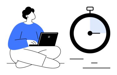 Adamın biri dizüstü bilgisayarla kronometrenin yanında bağdaş kurmuş oturuyor. Zaman yönetimi, üretkenlik, odaklanma, iş hayatı dengesi, teslim tarihleri, proje planlaması ve basit bir iniş sayfası için ideal