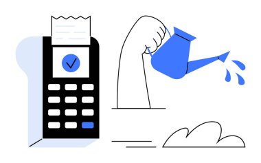 Faturalı hesap makinesi ve konserve kutusundan su döken güçlü bir kol. Finans, yatırım, büyüme, tasarruf, bütçe, verimlilik, sürdürülebilirlik için ideal. Basit bir düz metafor.