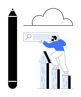 Yükselen parmaklıklarda kalem ve bulut grafiğinin yanında arama çubuğu taşıyan kişi. İlerleme, araştırma, yaratıcılık, veri analizi, kişisel gelişim, yenilik için ideal, basit düz metafor
