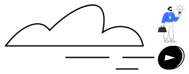 Noktalı çizgileri olan bir bulutun ana hatları, elinde ampul tutan bir iş adamı ve bir çalma tuşu. Bulut hesaplama, veri depolama, yenilik, iş fikirleri, yaratıcılık, dijital