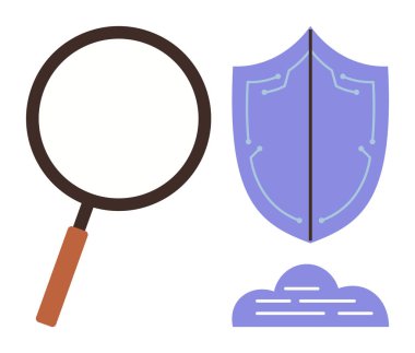 Büyüteç, dijital kalkan ve siber güvenliği, analizi ve veri korumasını simgeleyen bulut. Teknoloji, güvenlik, ağ, araştırma gizlilik bulutu hesaplaması ve dijital için ideal