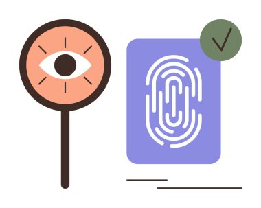 Üzerinde işaret olan bir parmak izinin yanındaki büyüteçteki göz. Güvenlik, gizlilik, kimlik doğrulama, erişim kontrolü, biyometrik, teknoloji ve kimlik doğrulama için ideal. Basit düz metafor