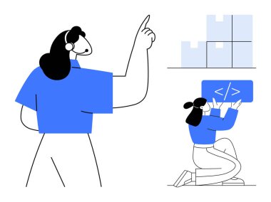 İki kişi kodlama ve verileri düzenleme üzerinde çalışıyor. Biri kutuları düzenlemeyi işaret ederken, diğeri de kodlama paneli tutuyor. Takım çalışması, kodlama, iletişim, programlama ve proje için ideal