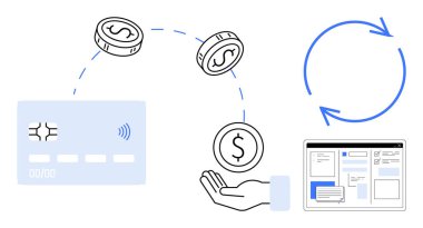 Kredi kartı, elde uçan paralar, dijital arayüz, yinelenen ödemeleri gösteren mavi yuvarlak ok. Finans, çevrimiçi ödeme, e-ticaret, otomasyon, fintech işlemleri için ideal