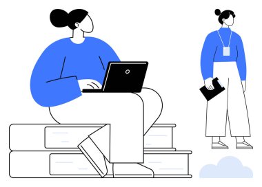 Dizüstü bilgisayar kullanan bir kadın kitapların üzerinde oturuyor. Elinde kimlik kartı olan başka bir pano var. Eğitim, takım çalışması, araştırma, bilgi paylaşımı, verimlilik, kariyer planlaması için ideal. Basit.