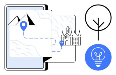 Şatoya, dağa ve soyut ağaç ve ampullere giden konum broşlu akıllı telefon haritası. Navigasyon, macera, eğitim, yaratıcılık, keşif, seyahat için ideal