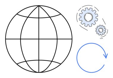 Enlem boylam çizgileri olan küre, mekanizmaları gösteren dişliler ve yineleme için dairesel bir ok. Küresel ağ, teknoloji, yenilik, ilerleme, süreç, verimlilik sürdürülebilirliği için ideal