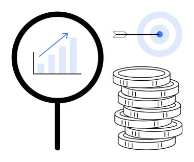 Çubuk üzerinde büyüteç, bozuk para yığını, hedefi vuran ok finansal büyüme, doğruluk ve başarıyı simgeliyor. Finans, analitik, hedefler, yatırım stratejisi hassasiyeti için ideal