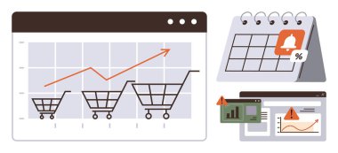 Alışveriş arabası trend çizelgesi, alarm takvimi ve pazarlama analitik gösterge paneli. Ticari büyüme, satış analizi, e-ticaret stratejisi, perakende planlama, pazarlama sezgileri, müşteri sezgileri için ideal