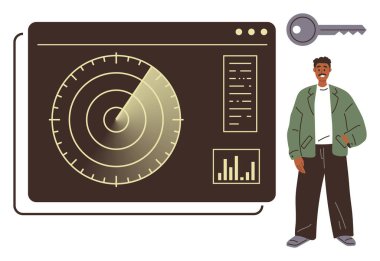 Radar ekranı eşmerkezli daireler, veri çubukları, kendinden emin genç adam ve anahtar nesne ile tarıyor. Teknoloji, veri analizi, güvenlik, fırsat yeniliği liderlik keşfi için idealdir. Basit.