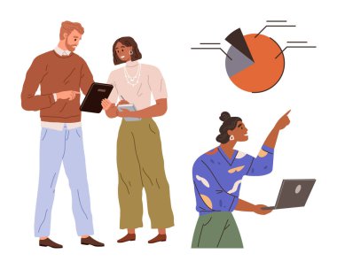 Profesyoneller analizi tabletle tartışıyor, çizelgeyi sunuyor ve dizüstü bilgisayarı işaret ediyorlar. Takım çalışması, işbirliği, veri analizi, iş stratejisi, eğitim, işyeri, üretkenlik için ideal