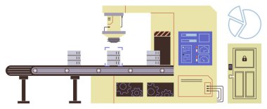 Kontrol panelleri ve endüstriyel girişlerle çevrili bir taşıma bandında robot kol parçaları birleştiriyor. Üretim, yenilik, otomasyon, iş akışı, mühendislik, teknoloji gelişimi için ideal